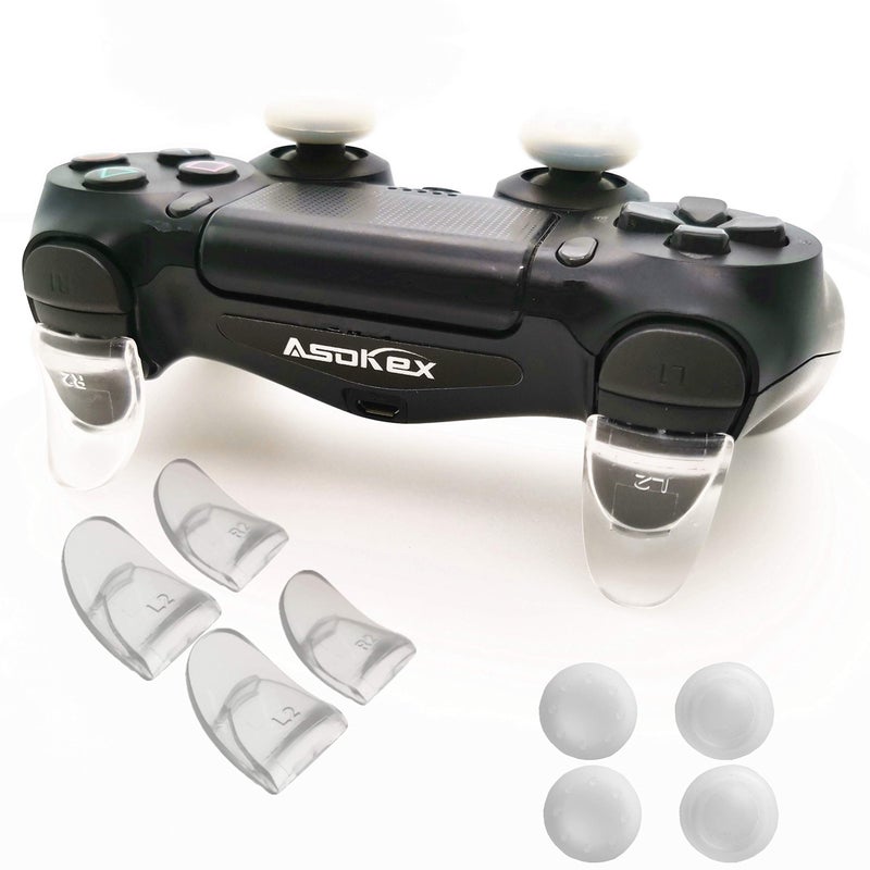 Asokex L2 R2 Ps4 Trigger Extenders (2 Pairs L2 R2 Triggers, 4pcs Joystick Cap, 2 Pairs LED Light Bar Decal) for Ps4 Controller(Transparent) - Image 1